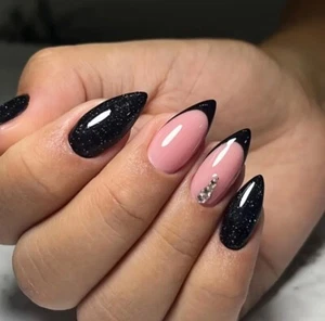 24 Medium Almond Black Glitter French Rhinestones Press On False Nails Brand New - Picture 1 of 6