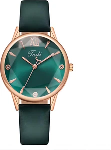 Women's Leather Strap Quartz Analog Watch Green Dial Ultra Thin Round Face Gift - Picture 1 of 14