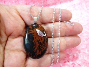 Mahogany Obsidian & Charm Pendant w/ 18" Silver Plated Serpentine Twist Chain /R - Picture 1 of 10