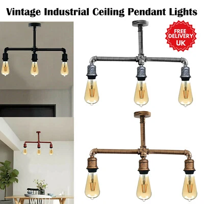 Industrial Vintage 3 Ceiling Lights Metal Steampunk Pipe Retro Pendant Lamps uk - Image 1 of 4