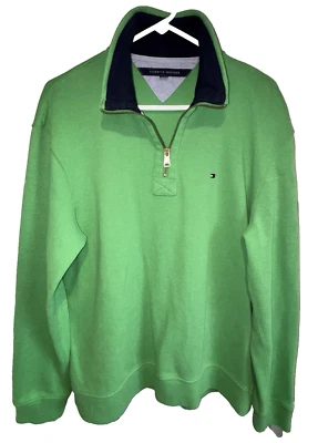 Suéter Tommy Hilfiger 1/4 Cremallera Para Hombre Mediano Verde Pullover Cuello Alto Preppy Foto 1 de 4