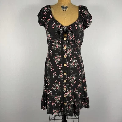 No Boundaries Dress L Juniors 11-13 Black Pink Floral Tie Front Button Down - Image 1 of 4
