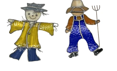 Lote de 2 vitrales parasol: espantapájaros 7,5" y granjero 8" coloridos usados en excelente estado Foto 1 de 4