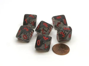 Translucent 16mm D10 (0-9) Chessex Dice, 6 Pieces - Smoke with Red Numbers - Picture 1 of 1