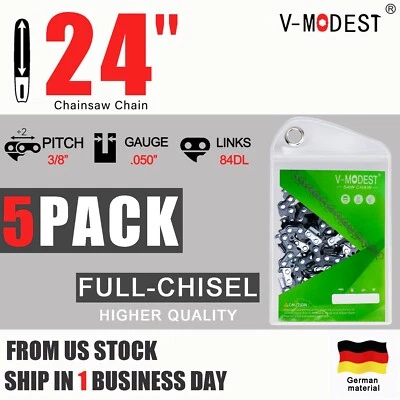 V-MODEST 5PACK 24-In Chainsaw Chain For Stihl Husqvarna Full Chisel 3/8 Gauge .050" 84DL