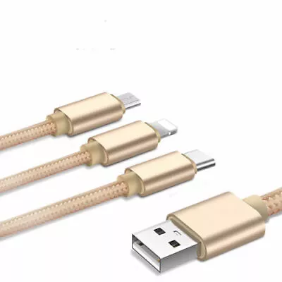 3 in 1 Nylon USB Cable iPhone/Micro USB/Type C Sync charge Cord For All Devices - Image 1 of 4