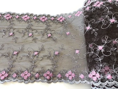 Borde de encaje bordado rosa y gris con base de malla de chocolate/costura/artesanía/8" de ancho Foto 1 de 4