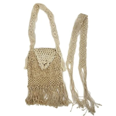 Bolso de Hombro Cartera Macramé Años 60 70 + Cinturón a Juego Flecos Hippie Boho Sin Usar Foto 1 de 4