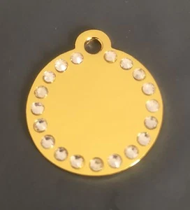 *SMALL* GOLD DIAMANTE DISC engraved Cat / Dog / Pet ID tags GLAMOUR / BLING - Picture 1 of 2