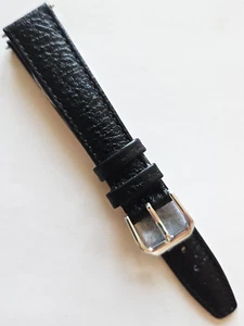 16mm - Classic Style Black Leather Watch Band - ( Silver Buckle / w Pins ) - Picture 1 of 3
