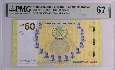 Malaysia 60 Ringgit 2017 Comm. P 57 Gem UNC PMG 67 EPQ Cover