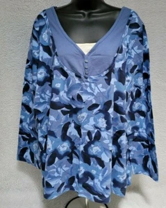 Basic Editions Womens Shirt Top Blouse Size 1X Blue White Floral NEW - Picture 1 of 12