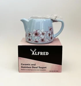 NIB Alfred Ceramic and Stainless Steel White Pink Cherry Blossom Blue Teapot - Picture 1 of 6