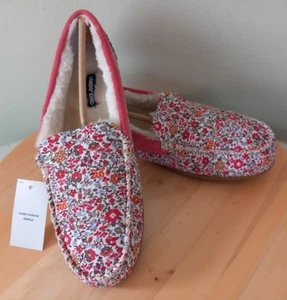 Lands' End Moccasin Slippers UK 6 Pink White Ditsy Floral Faux Fur - Picture 1 of 14