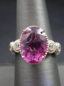 Gems en Vogue Oval Fuchsia Pink Fluorite and Zircon RGP Palladium Silver Ring Sz - Picture 1 of 11