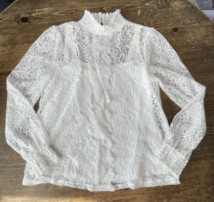 Zopfmuster Spitze Langarm Schlüsselloch Rücken hochgeschlossen Stretch Top weiß Medium - Bild 1 von 13