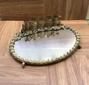 Antiker goldfarbener filigraner Lippenstifthalter 5 Röhren verspiegelt Tablett sitzend Cherubs - Bild 1 von 18