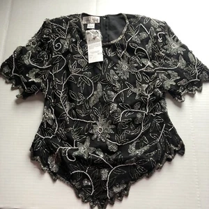 Laurence Kazar Silk Beaded Top Floral Black Silver Sz PL New Vtg A853 - Picture 1 of 6