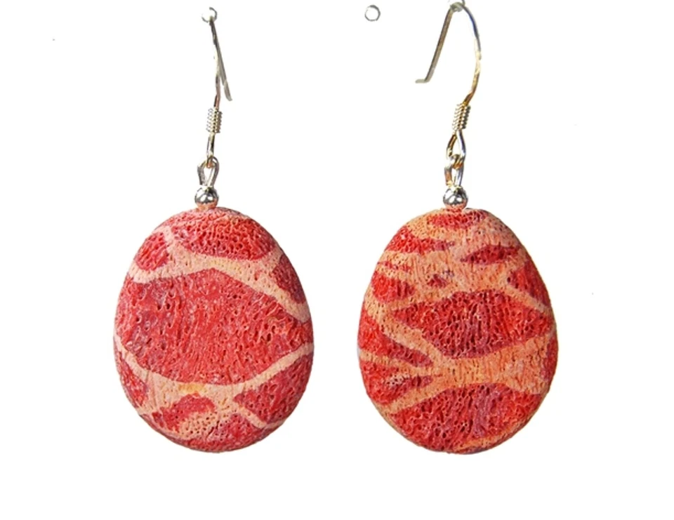 Straordinario Orecchini IN Unpolierter Rotondi Corallo Goccia 925er Argento - Immagine 1 di 1