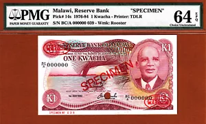 Malawi 1 Kwacha SPECIMEN 1982 Pick-14s Ch UNC PMG 64 EPQ - Picture 1 of 2