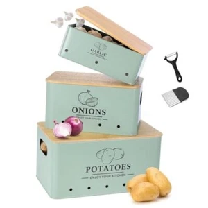 Kitchen Vegetable Storage Set of 3, Metal Onion Garlic Potato Sage Green - Picture 1 of 8