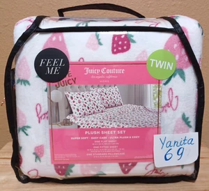 Juicy Couture TWIN 3pz Set Lenzuola Morbide Peluche Bianco con Stampa Fragole e Logo - Foto 1 di 4