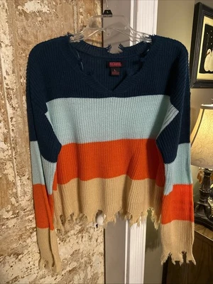 Rock & Roll Women’s Large Orange Tan Mint Striped Frayed Edge Sweater - Image 1 of 3