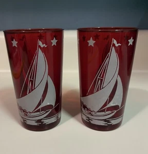 Hazel Atlas Vintage Depression Glas Rot Segelboot Tumbler Gläser 12oz 2er Set - Bild 1 von 8