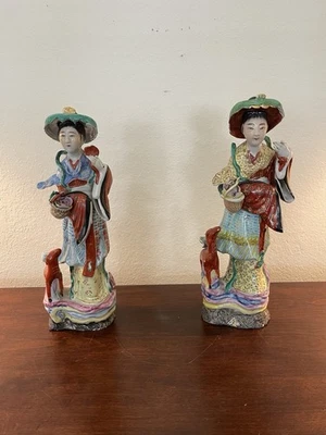 Large Antique Chinese Porcelain Goddess MaGu 麻姑 with deer Statue , Pair, Signed - Image 1 of 4