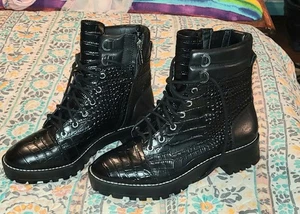 Gianni Bini women's Croc Embossed Black Leather Zip Lace-up Boots size 8.5M - Picture 1 of 6