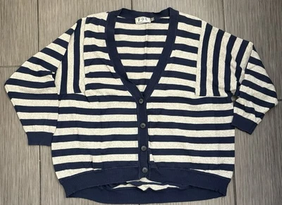 POL 女式海军蓝/灰色条纹轻便开衫毛衣 L 码棉 — 第 1/4 张图片