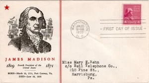 First day cover, Sc #842, Madison coil prexy, Planty 2, Linprint cachet, 1939 - Picture 1 of 1