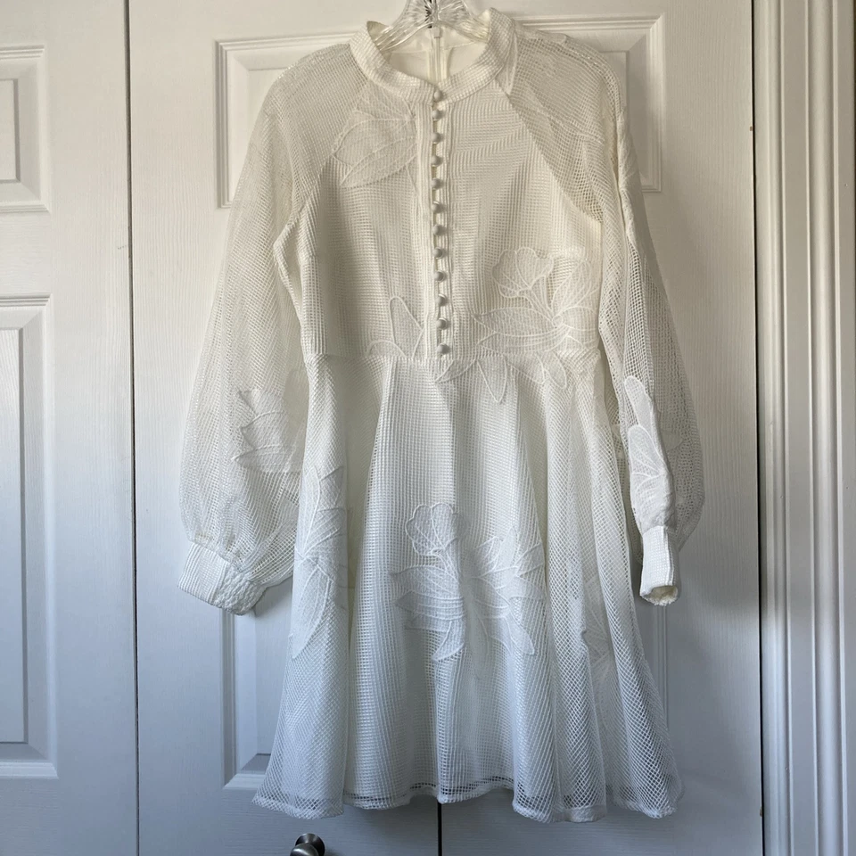 Mini Vestido Anthropologie Bordado Blanco Floral Manga Larga Abullonada Talla M Foto 1 de 4