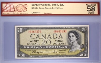 Canada 1954 - $ 20 - BC-33a  - Coyne-Towers - Devil's Face - Graded  AU-58 - Image 1 of 2