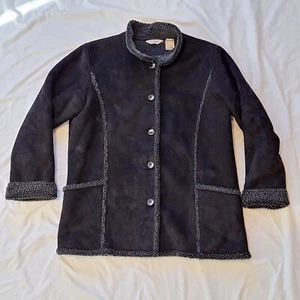 LL Bean Black Faux Suede Sherpa Shearling Lined Outdoor Coat Jacket Womens XL - Picture 1 of 9