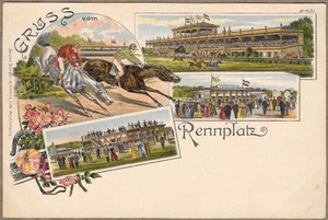 Postal alemana aprox. 1900 SALUDOS RENNPLATZ hipódromo carreras de caballos BRUNO HAMBURGER - Imagen 1 de 2