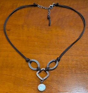 Signed Silpada Sterling Silver Coin Pearl Hammered Brown Leather Necklace N1257 - Picture 1 of 9