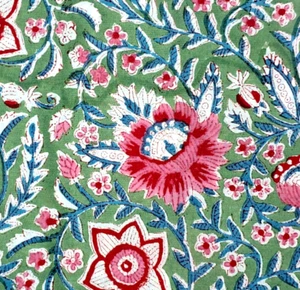 Green Pink Floral Indian Block Print By the Yard Fabric for Sewing Dressmaking - Picture 1 of 8