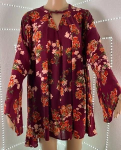 Umgee Top Tunic Blouse Women's size S Small Floral Ruffled Bell Sleeve Marron - Picture 1 of 9