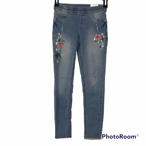Justice Girls Embroidered Pull On blue Jean Leggings size 8 mid rise distressed - Picture 1 of 12