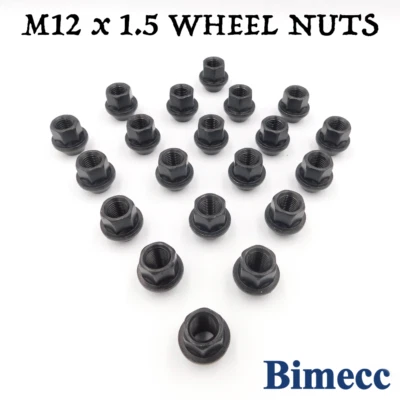 Porcas de roda Bimecc abertas M12x1.5 (preto) x 20 para Mazda MX-5 Mk1, Mk2, Mk3, Mk4 - Imagem 1 de 4