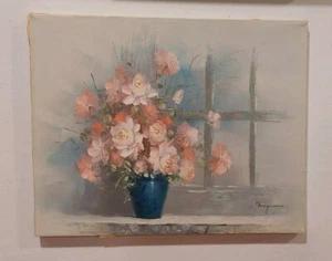 16x20 Painting Pink Roses in Blue Vase Near Window Signed Stretched Canvas - Bild 1 von 6