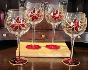 Set of 4 PIER 1 Crystal Wine Glasses Water Goblets CHRISTMAS POINSETTIA EUC - Picture 1 of 9