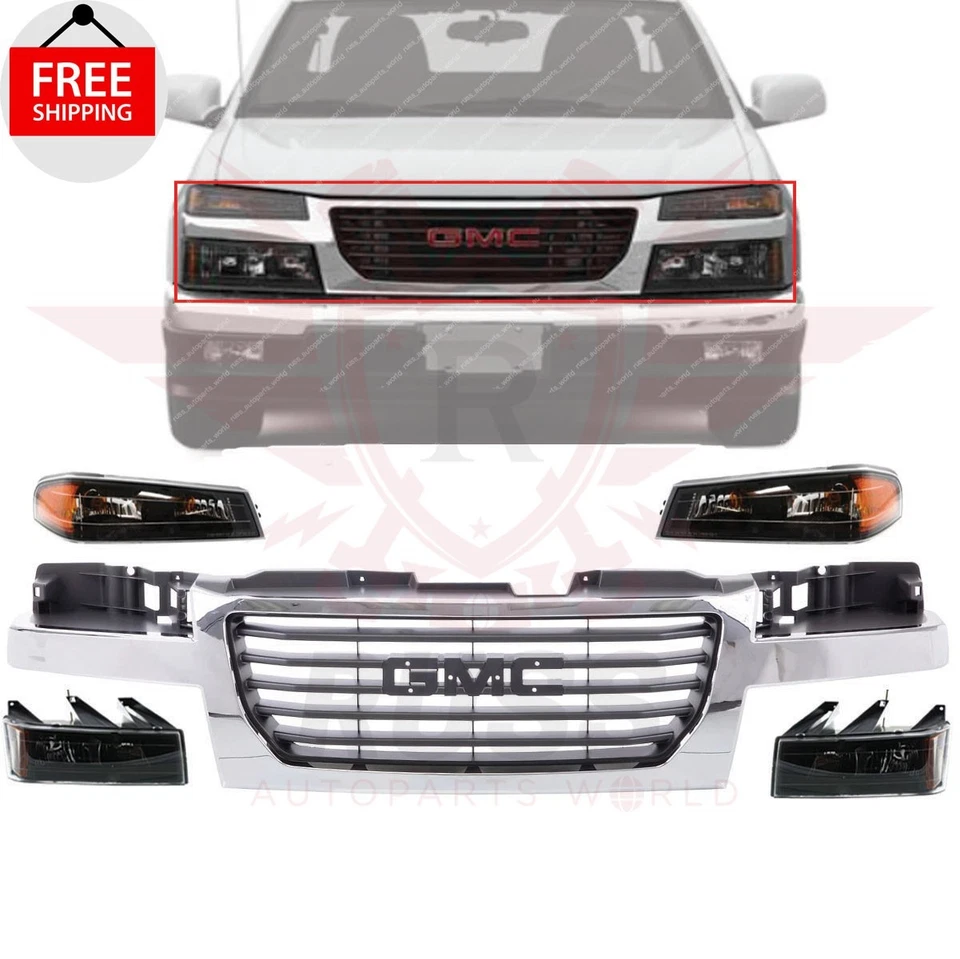New Front Grille Headlights Parking Lights Kit Set 5PC Fits 2004-2012 GMC Canyon Foto 1 de 4