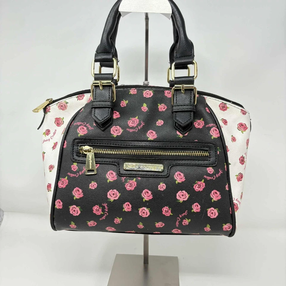 Bolsa satchel feminina Juicy Couture alça superior preta branca rosa rosas média - Imagem 1 de 4