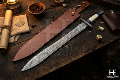 HUNTEX Handmade Damascus Blade FullTang Hilt 68cm Cross Guard Viking Short Sword - Image 1 of 4