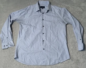 David Donahue Men's Blue Plaid Check Trim Fit Dress Shirt Size 17.5 34/35 Button - Picture 1 of 10