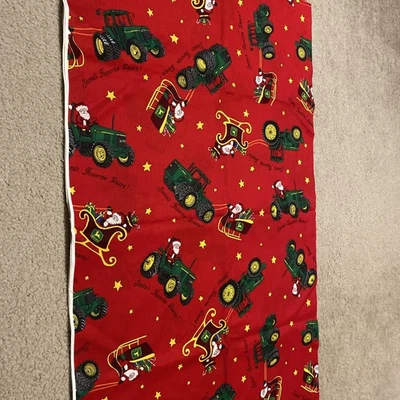 2 Yards Red Santa’s Favorite John Deere Cotton Fabric Tractor - Image 1 of 4