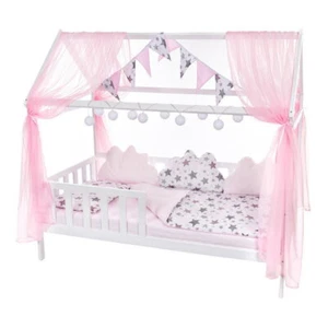 Komplettbett Hausbett 160x80 weiß Kinderbett Kiefermassivholz Sternen Mix Rosa - Bild 1 von 8