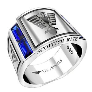 Men's 925 Sterling Silver Sapphire Gemstone Scottish Rite Freemason Masonic Ring